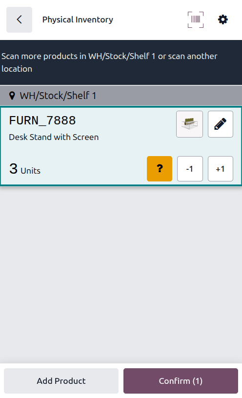Barcode Physical Inventory page with inventory adjustment.