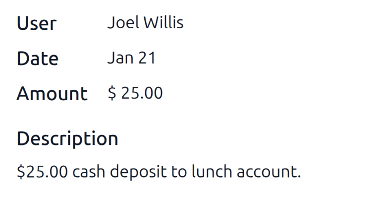 The cash move form filled out for a transaction of $25.00.
