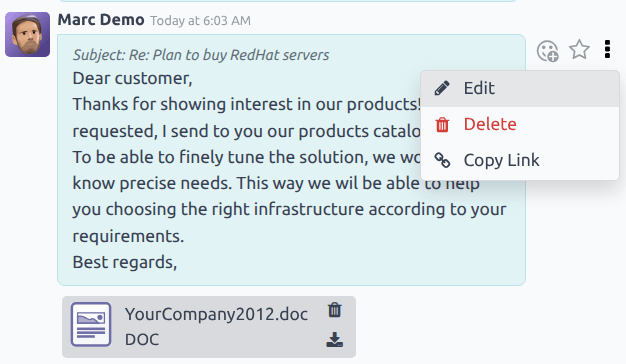 The edit message option in a chatter thread.