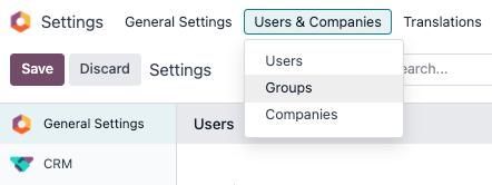 Groups menu in the Users & Companies section of the Settings app of Odoo.