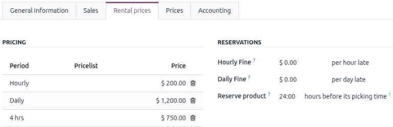 Sample of the Rental prices tab of service product in the Rental app.
