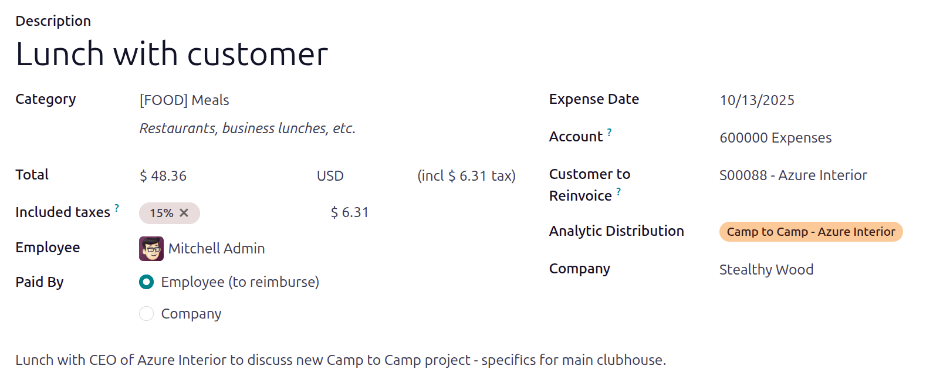 A filled in expense form for a client lunch.