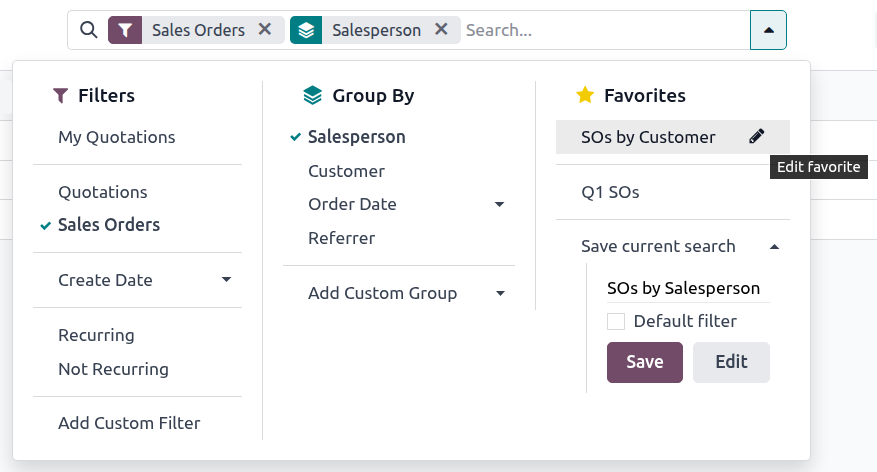 Saving a favorite search on the Sales Analysis report.