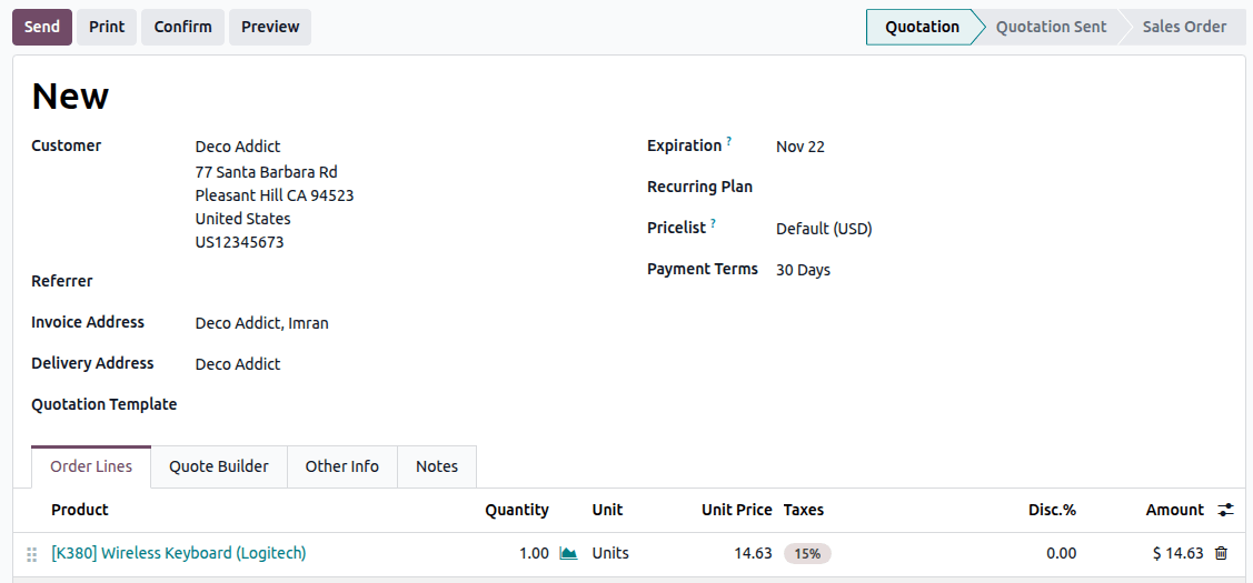 Quotation Template model's Form view