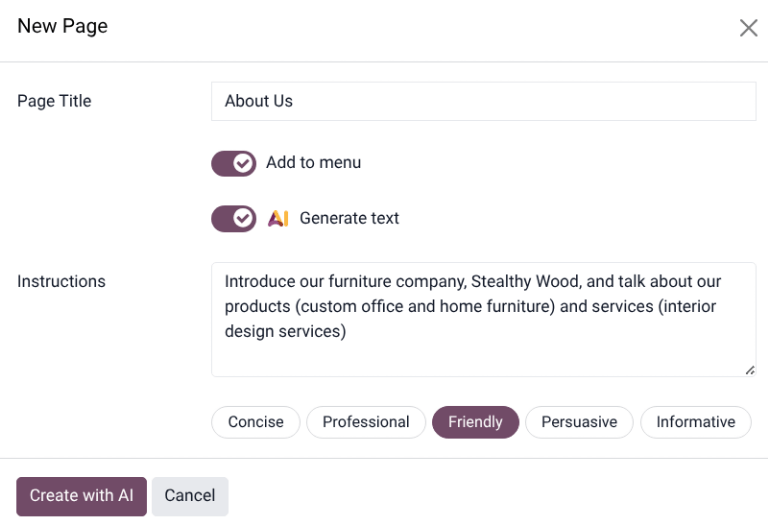 The new page pop-up with the Generate AI text options visible.