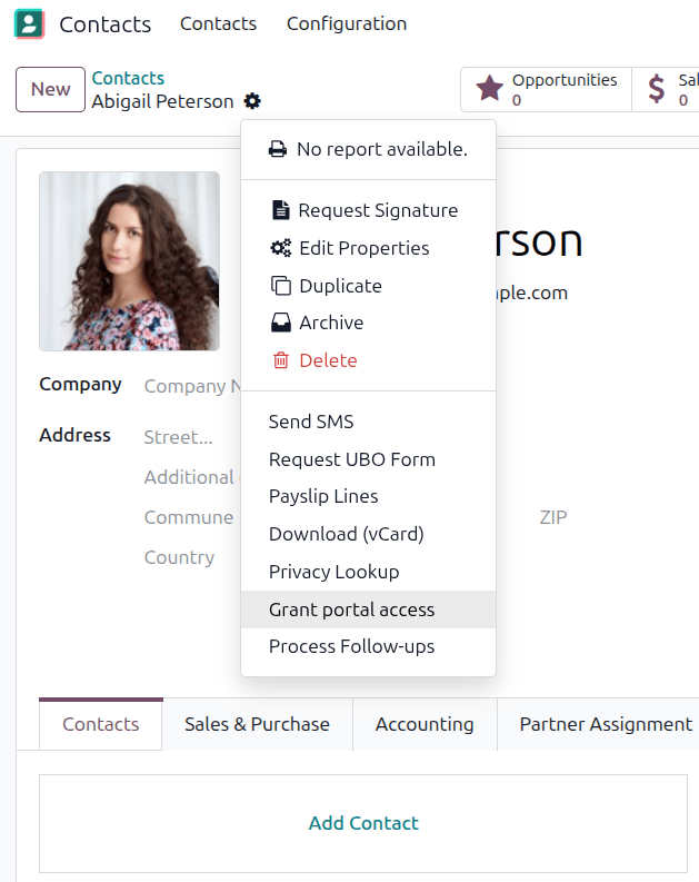 Use the Contacts application to give portal access to users.