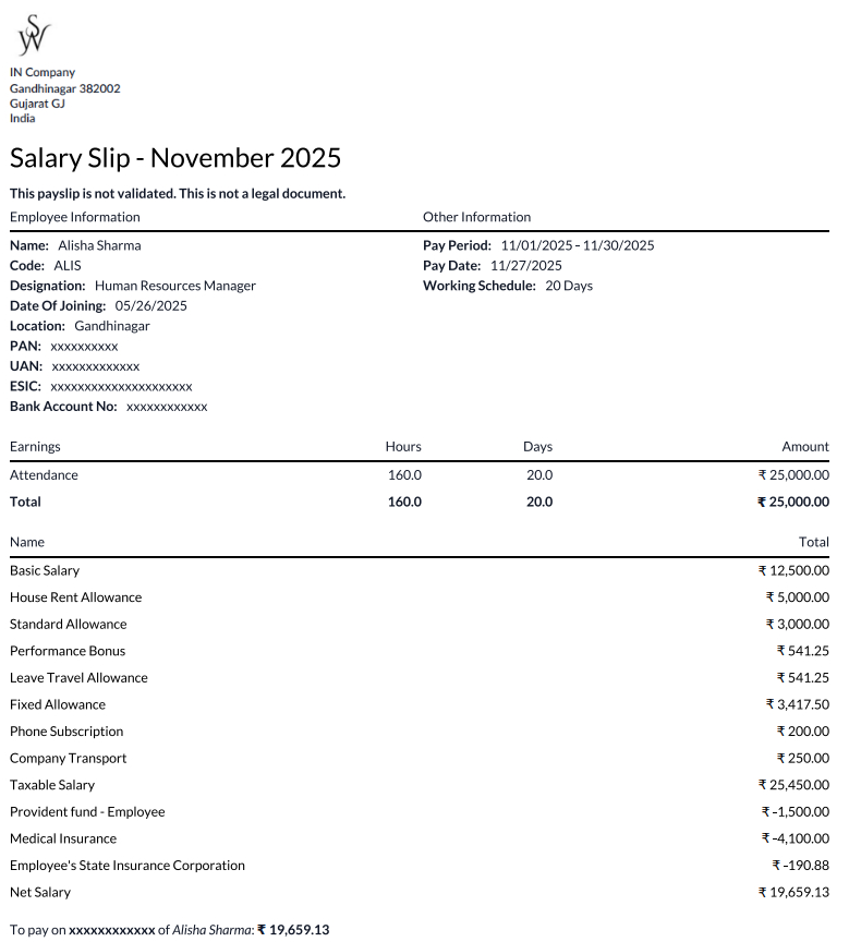 Indian Salary Payslip