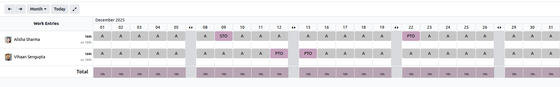 The work entries for a pay run, with some time off entered in the work entries.