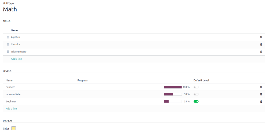 A skill form for a Math skill type, with all the information entered.
