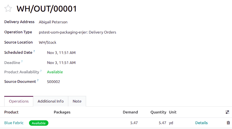 Delivery displaying the inventory unit of measure.