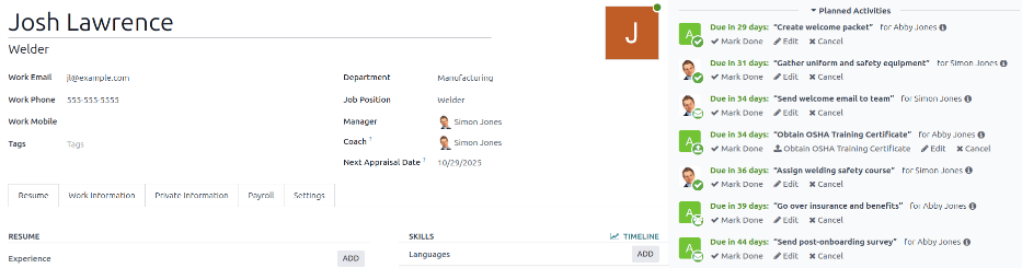 All onboarding tasks scheduled in the chatter.