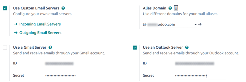 Outlook Credentials in Odoo General Settings.