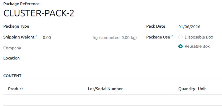 Display package form to create a cluster pack.