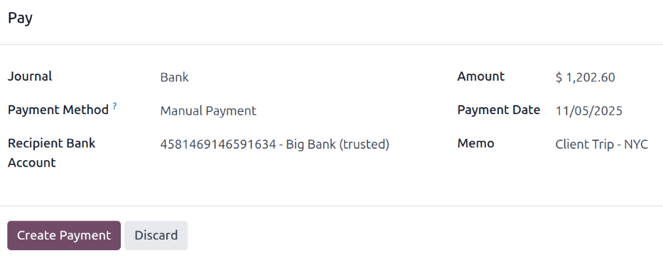 The Register Payment pop-up window filled out for an individual expense report reimbursement.