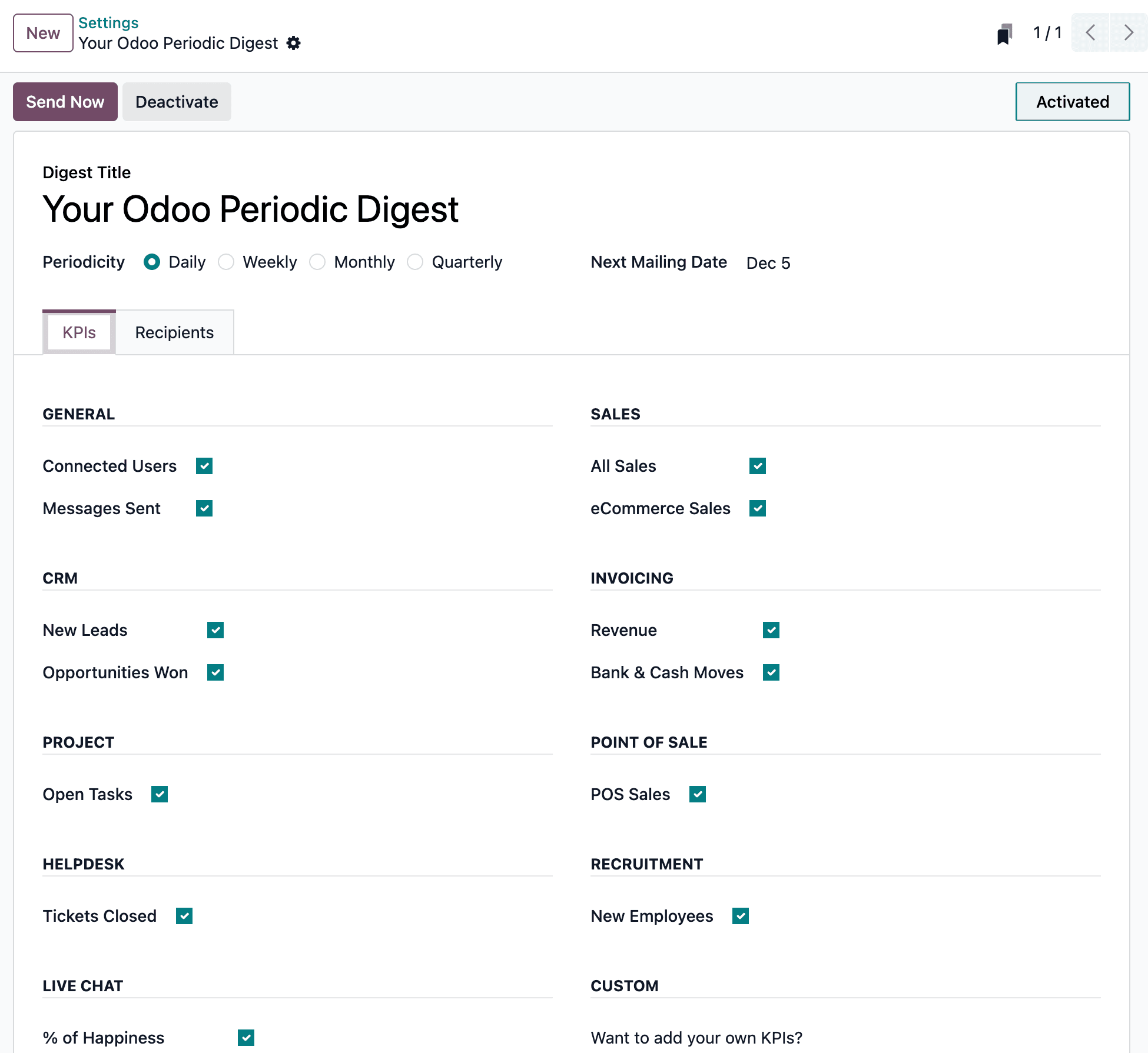 Customize default Digest Email settings and custom KPIs.