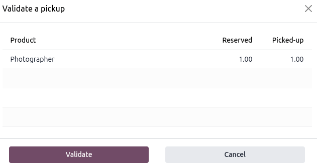 Sample of a service product pick up pop-up window in the Rental.