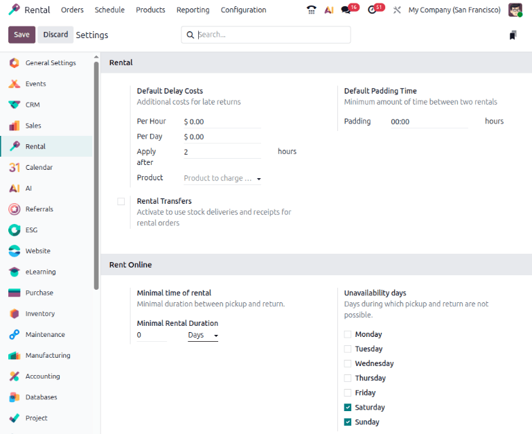 How the Settings page appears in the Odoo Rental application.
