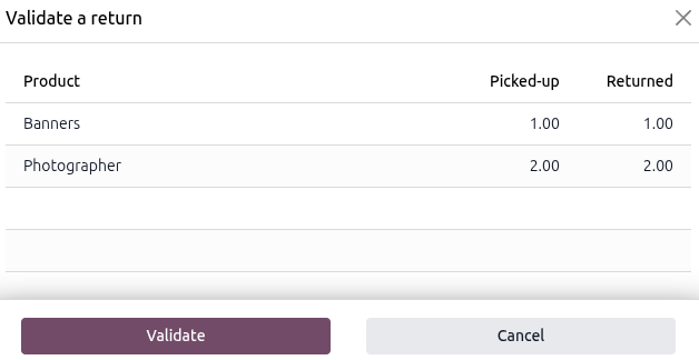 Sample of a Validate a return form with a rental product and service listed.