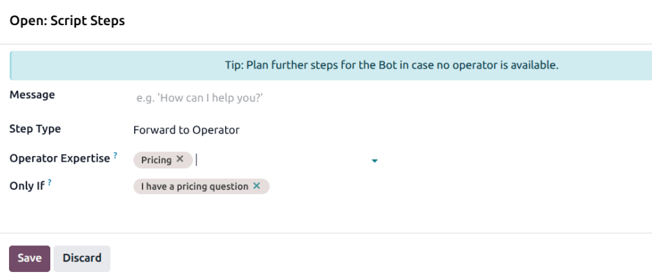 A forward to operator script step pop-up.