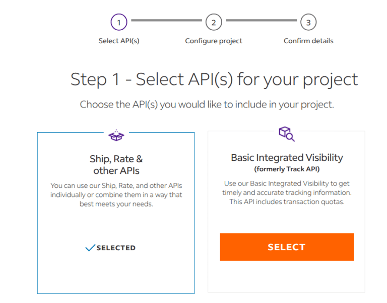 Page on FedEx website where users select the APIs needed for project.