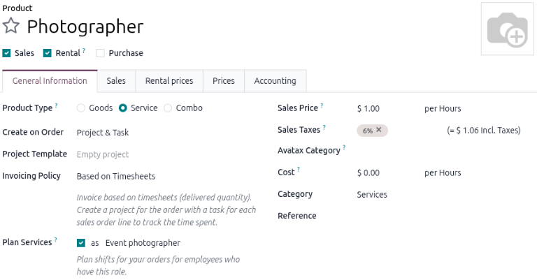 Sample of a configured service product in the Rental app.