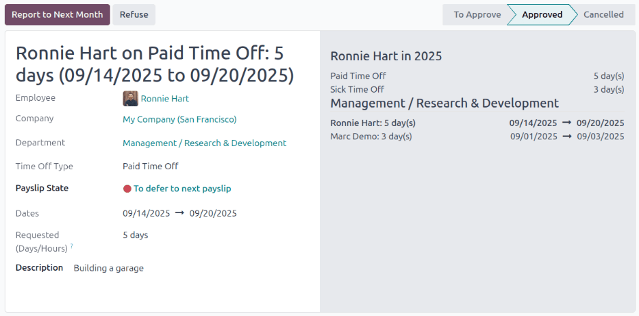 The time off details for an individual request that needs to be deferred.