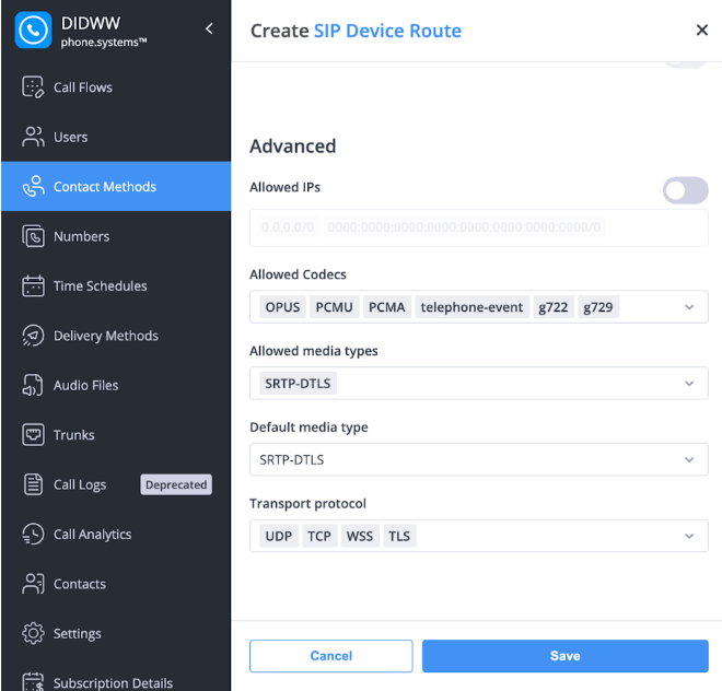 The settings for a new contact method in DIDWW.