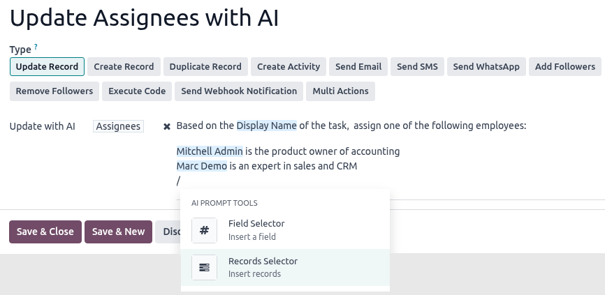 Example of updating a record using AI