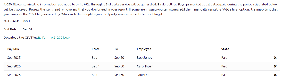 The W2 report screen, with the file to download in the top half.